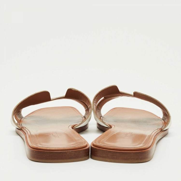 Pre Owned Hermes Brown/White Leather Oran Flat Slide Sandals Size 41