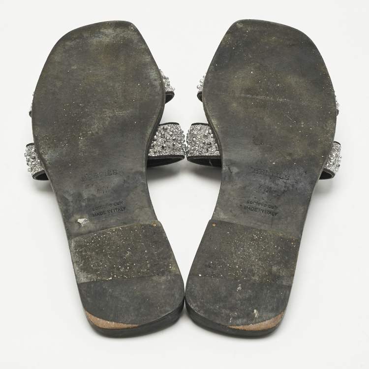 Pre Owned Hermes Silver Leather Crystal Embellished Oran Flat Slide Size 41.5