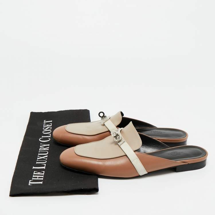 Pre Owned Hermes Beige/Cream Leather Oz Mule Sandals Size 39