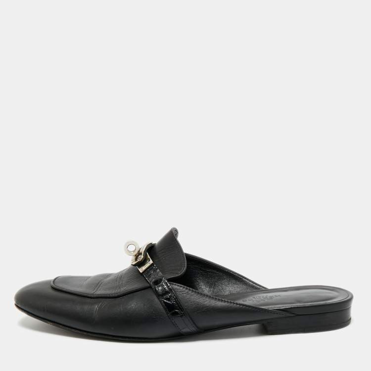 Pre Owned Hermes Black Leather Palladium Plated Oz Mule Sandals Size 39