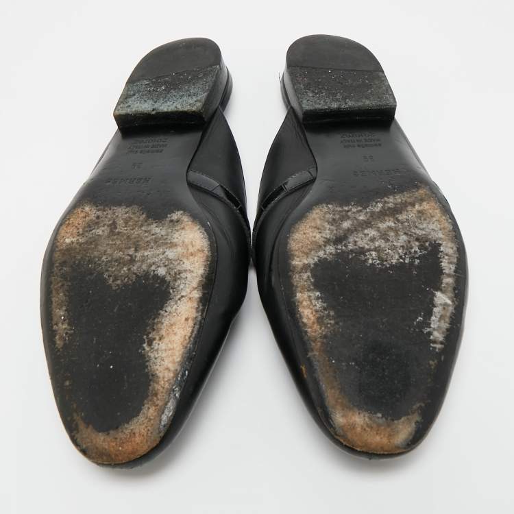 Pre Owned Hermes Black Leather Palladium Plated Oz Mule Sandals Size 39