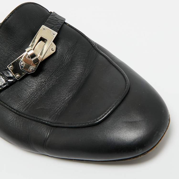 Pre Owned Hermes Black Leather Palladium Plated Oz Mule Sandals Size 39