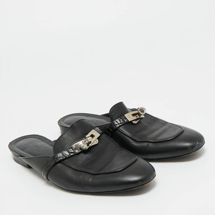 Pre Owned Hermes Black Leather Palladium Plated Oz Mule Sandals Size 39