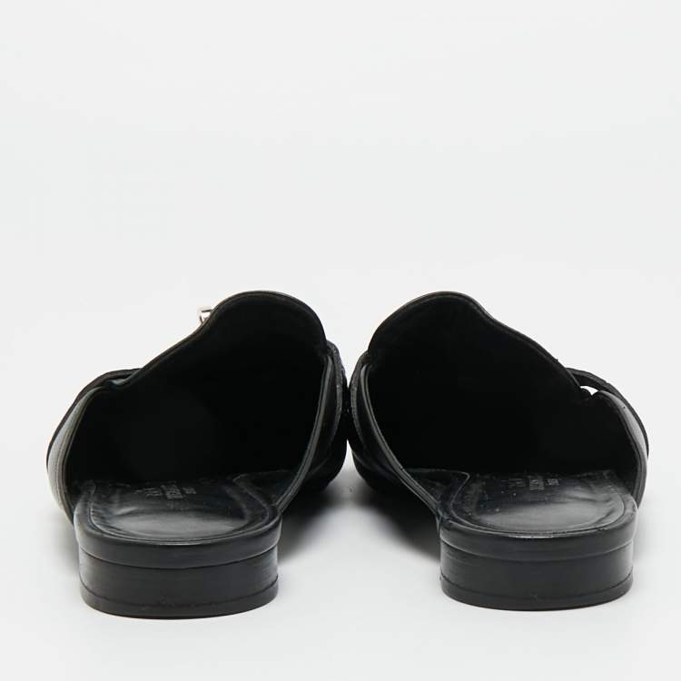 Pre Owned Hermes Black Leather Palladium Plated Oz Mule Sandals Size 39