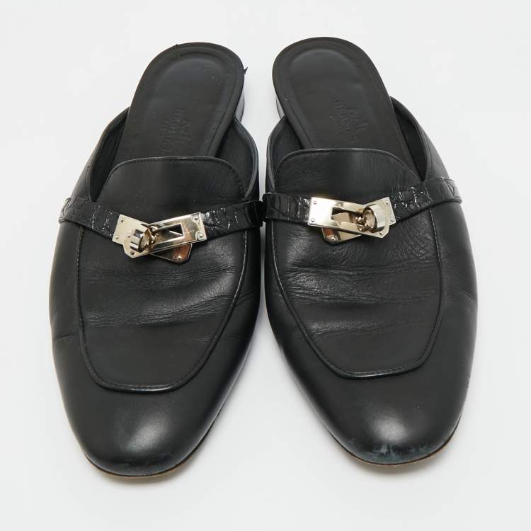 Pre Owned Hermes Black Leather Palladium Plated Oz Mule Sandals Size 39