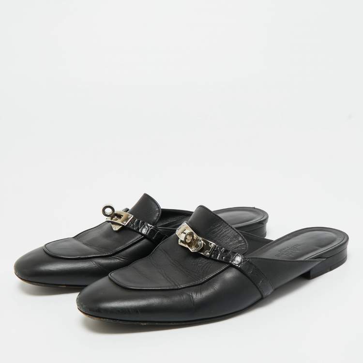 Pre Owned Hermes Black Leather Palladium Plated Oz Mule Sandals Size 39
