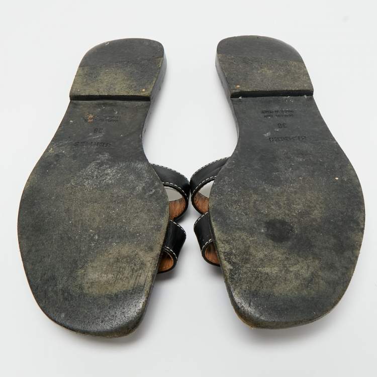 Pre Owned Hermes Black Leather Oran Flat Slide Sandals Size 38 