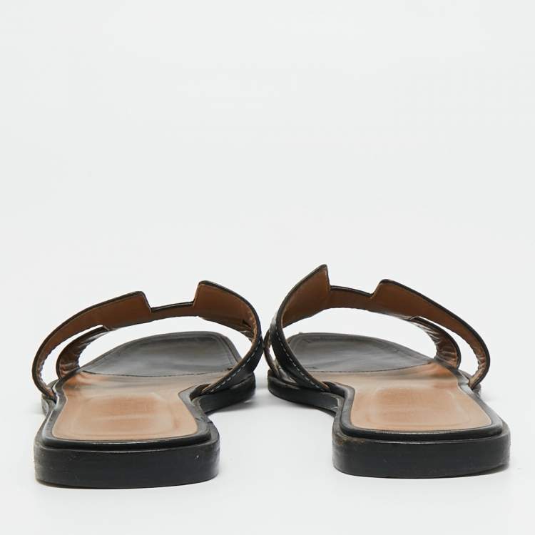 Pre Owned Hermes Black Leather Oran Flat Slide Sandals Size 38 
