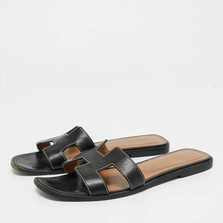 Pre Owned Hermes Black Leather Oran Flat Slide Sandals Size 38 