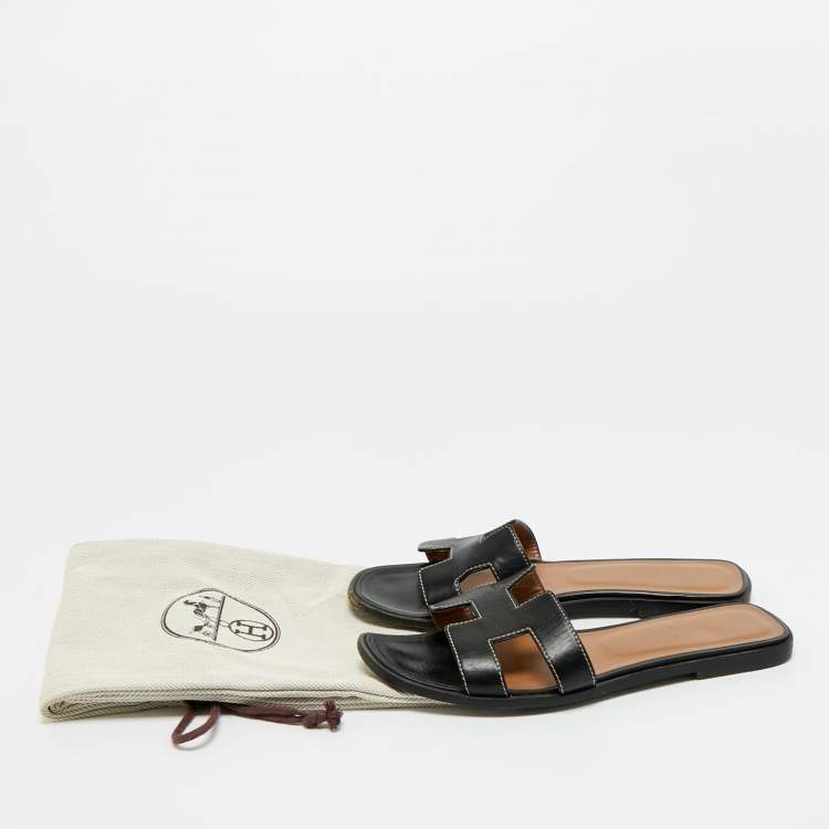 Pre Owned Hermes Black Leather Oran Flat Slide Sandals Size 38 