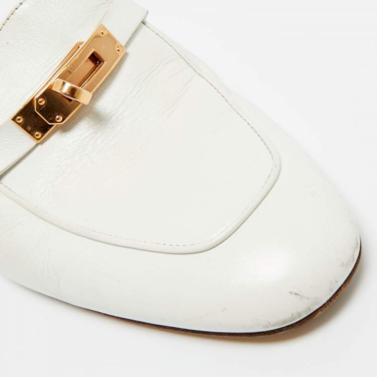 Pre Owned Hermes White Leather Palladium Plated Oz Mule Sandals Size 39