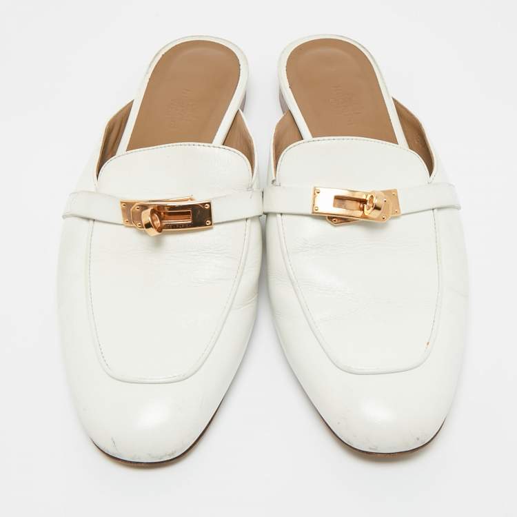 Pre Owned Hermes White Leather Palladium Plated Oz Mule Sandals Size 39
