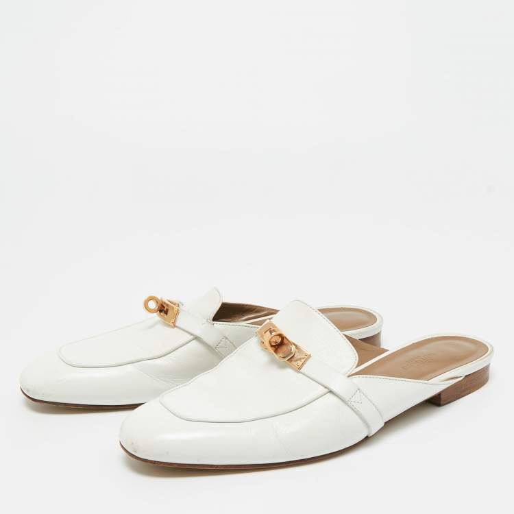 Pre Owned Hermes White Leather Palladium Plated Oz Mule Sandals Size 39