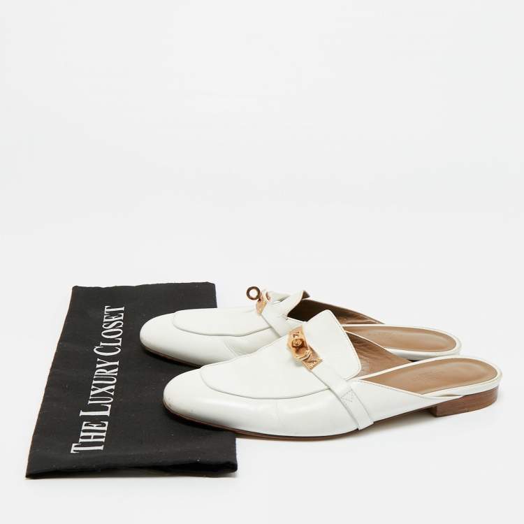 Pre Owned Hermes White Leather Palladium Plated Oz Mule Sandals Size 39