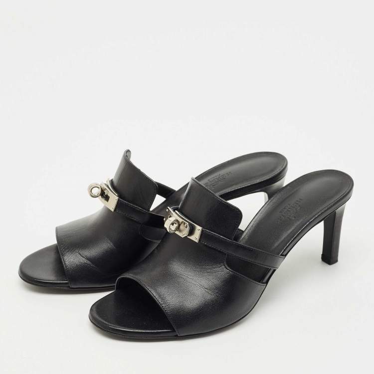 Pre Owned Hermes Black Leather Cute Slide Sandals Size 39