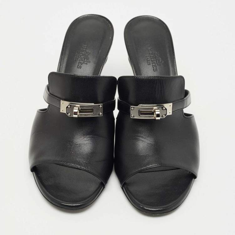 Pre Owned Hermes Black Leather Cute Slide Sandals Size 39