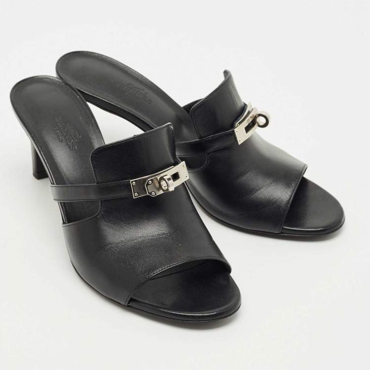 Pre Owned Hermes Black Leather Cute Slide Sandals Size 39