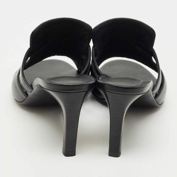 Pre Owned Hermes Black Leather Cute Slide Sandals Size 39