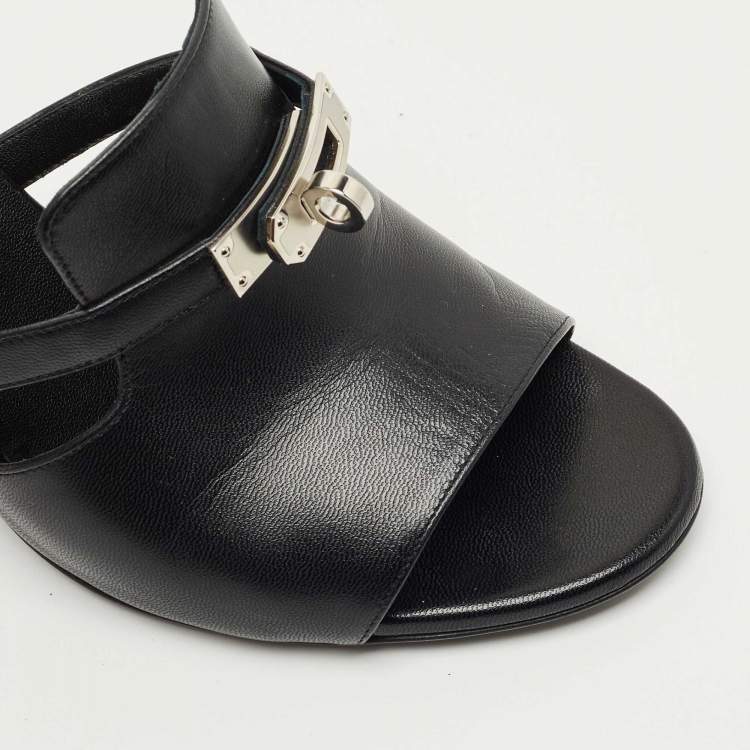Pre Owned Hermes Black Leather Cute Slide Sandals Size 39