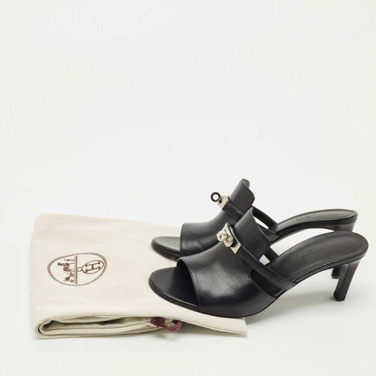 Pre Owned Hermes Black Leather Cute Slide Sandals Size 39