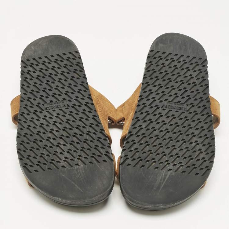 Pre Owned Hermes Brown Suede Chypre Flat Slides Size 36.5