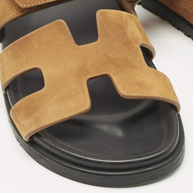 Pre Owned Hermes Brown Suede Chypre Flat Slides Size 36.5
