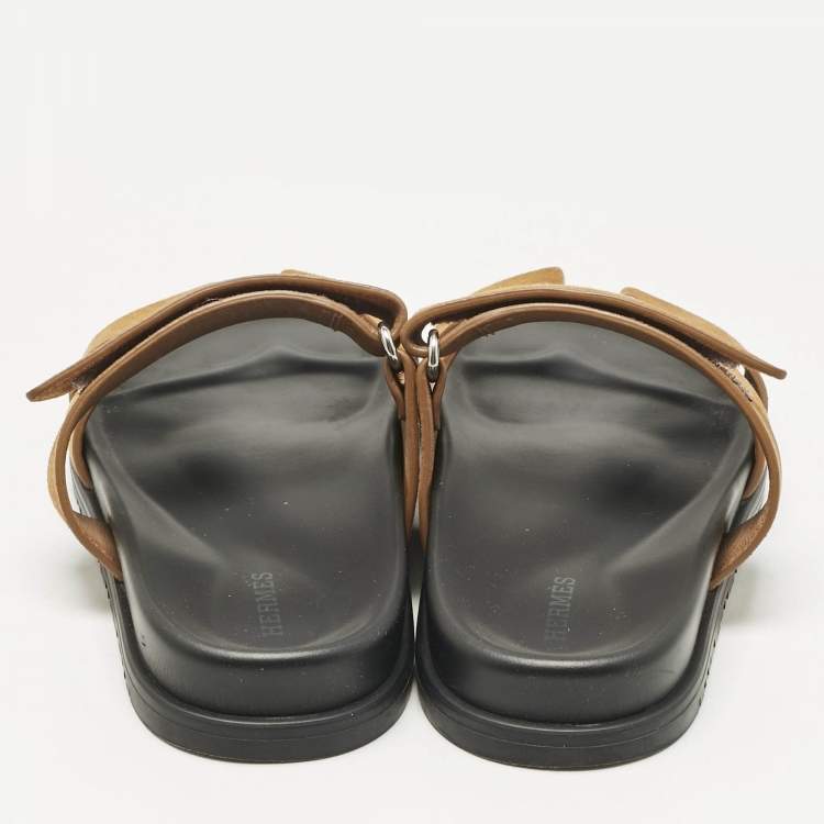 Pre Owned Hermes Brown Suede Chypre Flat Slides Size 36.5