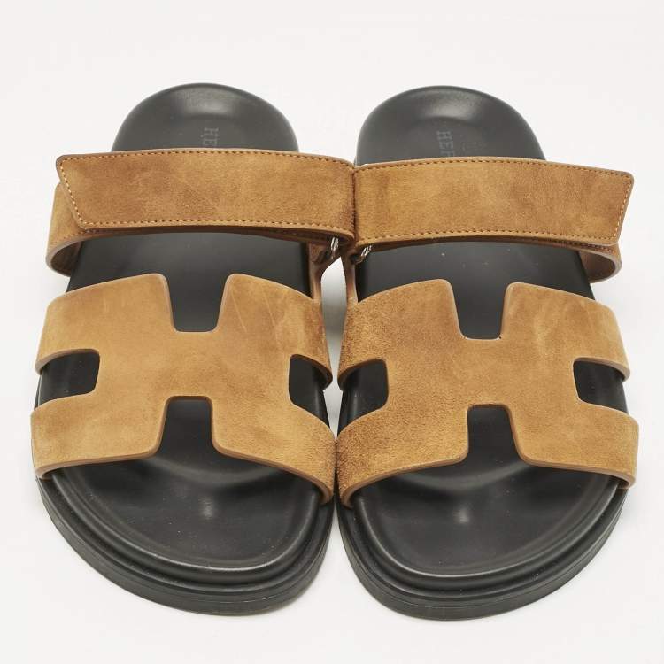 Pre Owned Hermes Brown Suede Chypre Flat Slides Size 36.5