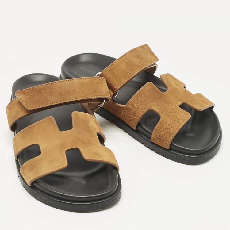 Pre Owned Hermes Brown Suede Chypre Flat Slides Size 36.5