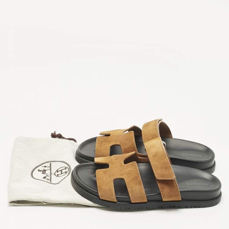 Pre Owned Hermes Brown Suede Chypre Flat Slides Size 36.5