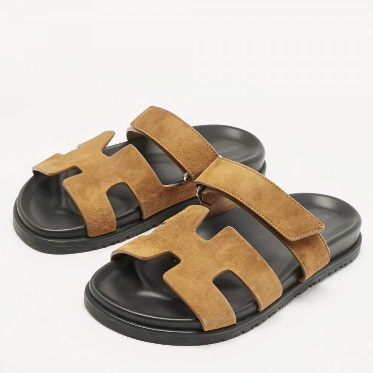 Pre Owned Hermes Brown Suede Chypre Flat Slides Size 36.5