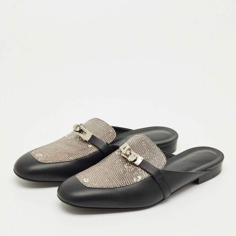 Pre Owned Hermes Black Leather and Lizard Leather Oz Mules Size 39.5