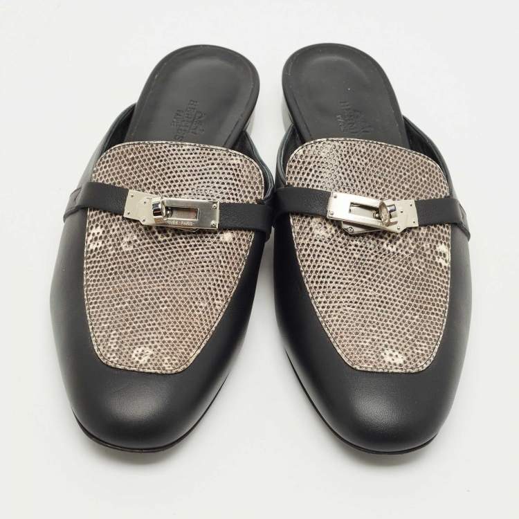 Pre Owned Hermes Black Leather and Lizard Leather Oz Mules Size 39.5