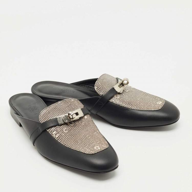 Pre Owned Hermes Black Leather and Lizard Leather Oz Mules Size 39.5