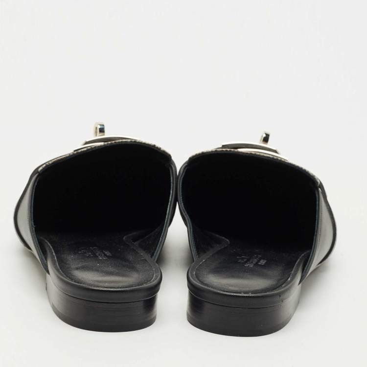 Pre Owned Hermes Black Leather and Lizard Leather Oz Mules Size 39.5