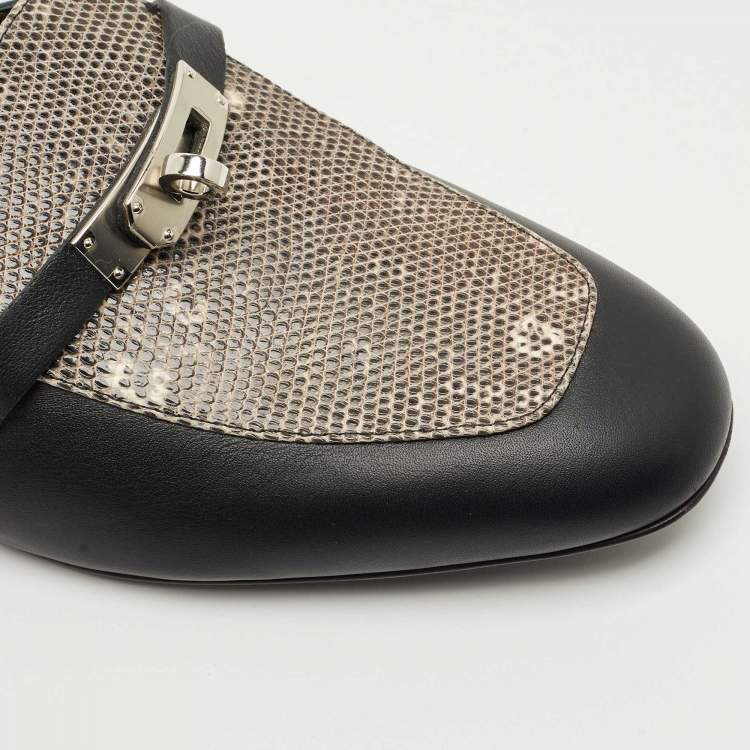 Pre Owned Hermes Black Leather and Lizard Leather Oz Mules Size 39.5