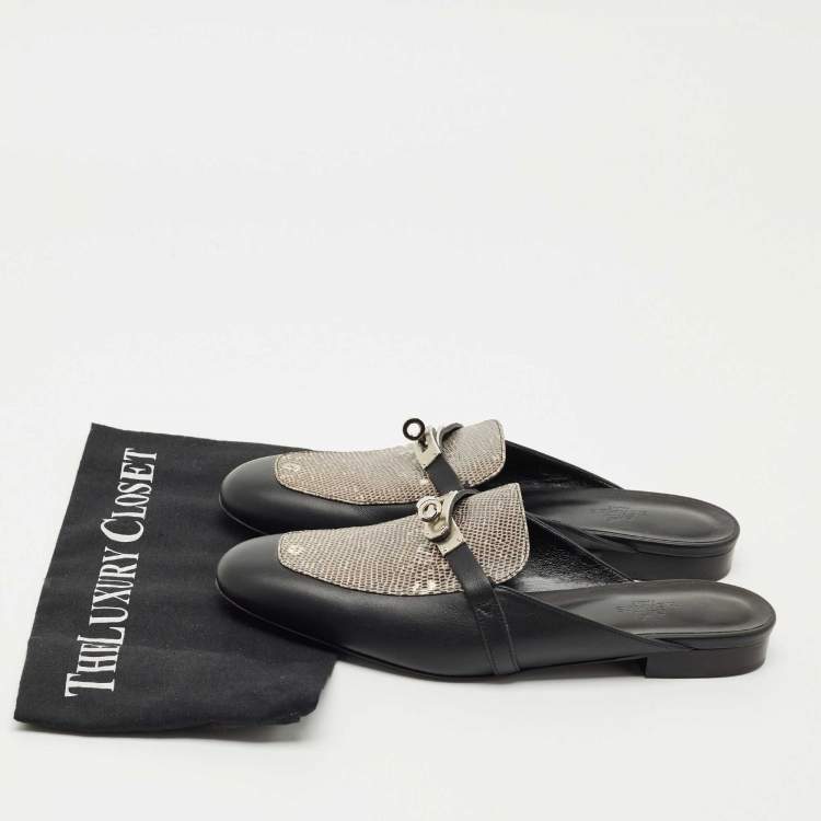 Pre Owned Hermes Black Leather and Lizard Leather Oz Mules Size 39.5