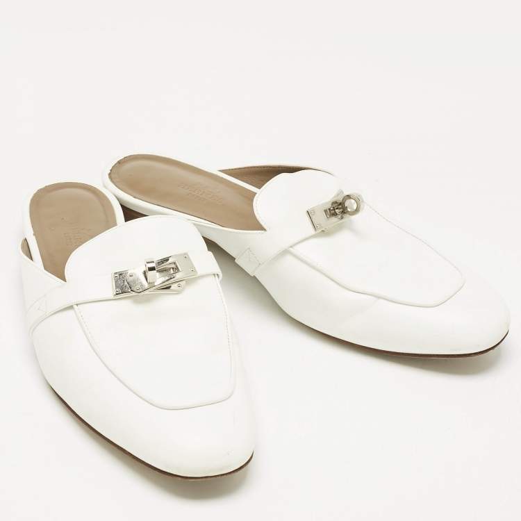Pre Owned Hermes White Leather Oz Mules Size 39