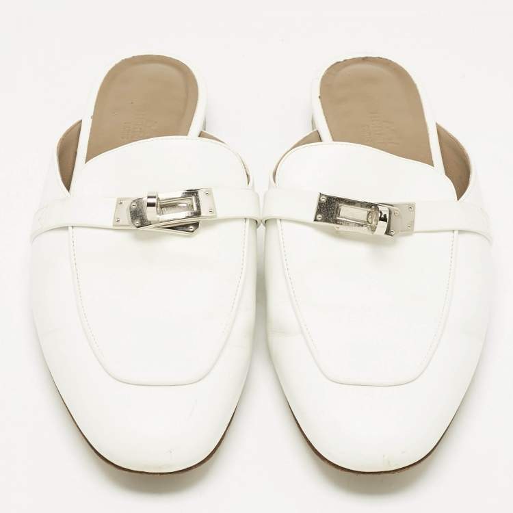Pre Owned Hermes White Leather Oz Mules Size 39
