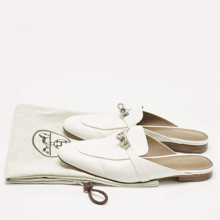 Pre Owned Hermes White Leather Oz Mules Size 39