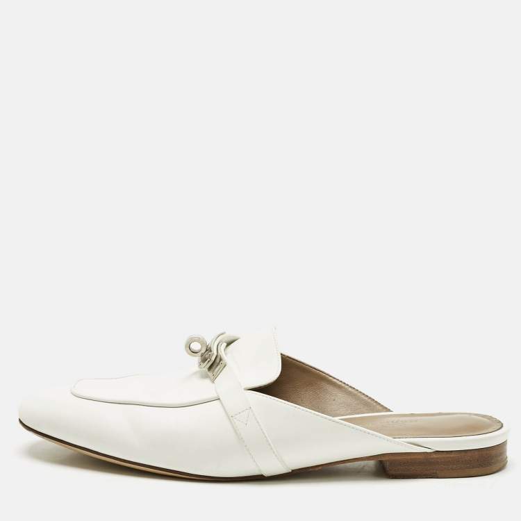 Pre Owned Hermes White Leather Oz Mules Size 39
