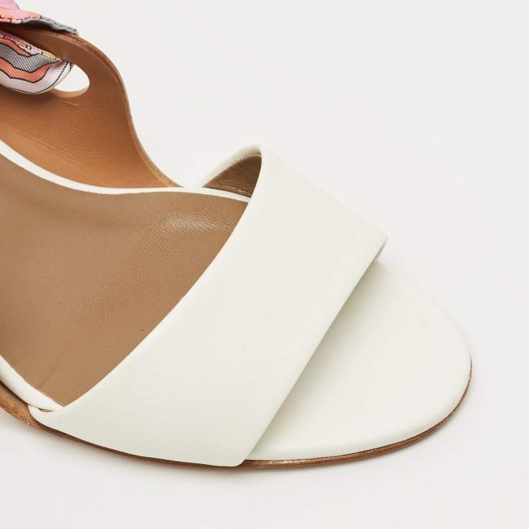 Pre Owned Hermes White Leather Ankle Wrap Silk Sandals Size 37.5