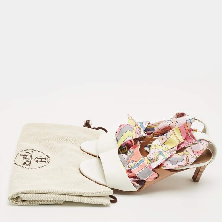 Pre Owned Hermes White Leather Ankle Wrap Silk Sandals Size 37.5
