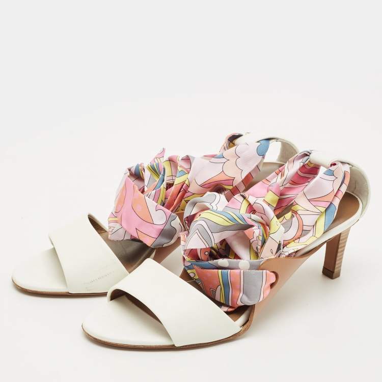 Pre Owned Hermes White Leather Ankle Wrap Silk Sandals Size 37.5