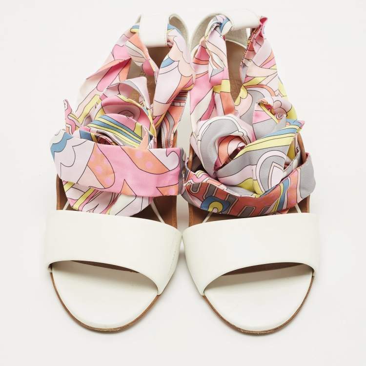 Pre Owned Hermes White Leather Ankle Wrap Silk Sandals Size 37.5