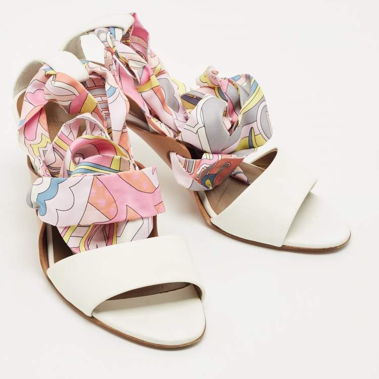 Pre Owned Hermes White Leather Ankle Wrap Silk Sandals Size 37.5