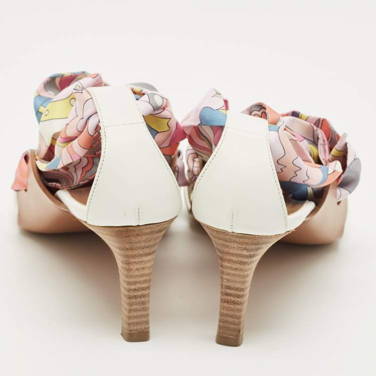 Pre Owned Hermes White Leather Ankle Wrap Silk Sandals Size 37.5