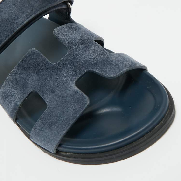 Pre Owned Hermes Navy Blue Suede Chypre Sandals Size 38.5