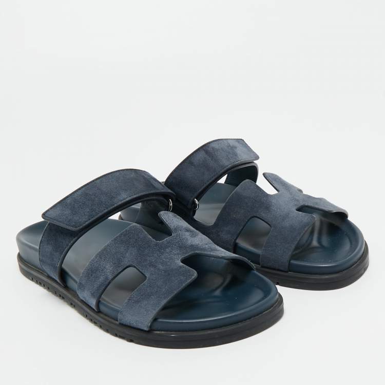 Pre Owned Hermes Navy Blue Suede Chypre Sandals Size 38.5