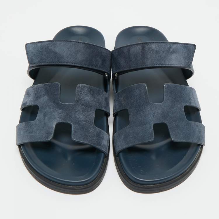 Pre Owned Hermes Navy Blue Suede Chypre Sandals Size 38.5